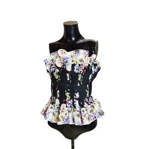 NWT Floral Ruffled Strapless bustier styled Top - Black Floral